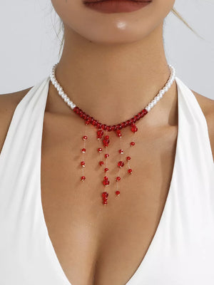 18k Gold-plated Synthetic Pearl Dangle Necklace in Deep Red, side view