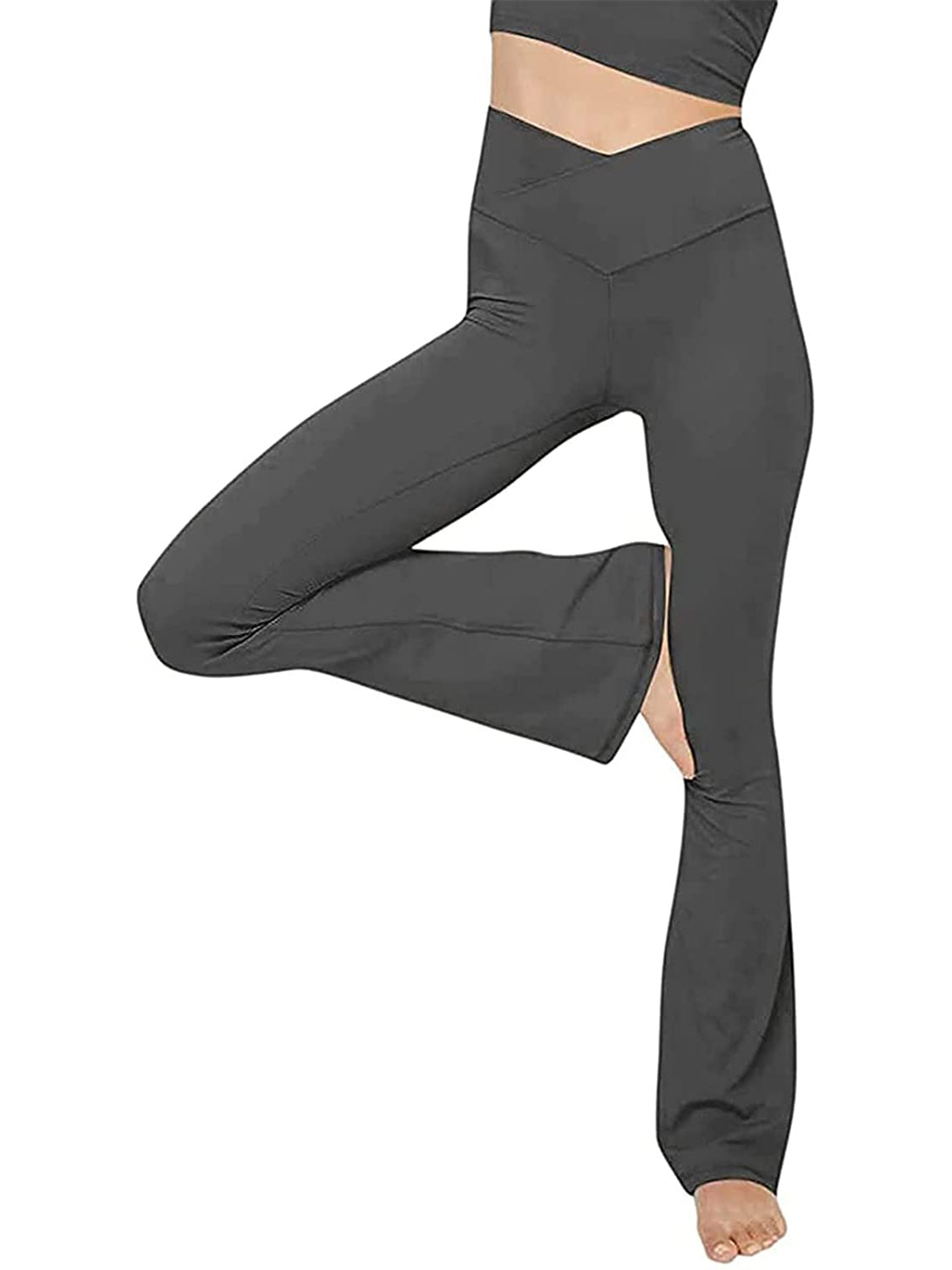 Charcoal V-waist flare leggings with a high rise and bootcut leg.