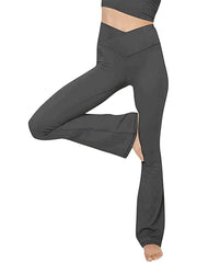 Charcoal V-waist flare leggings with a high rise and bootcut leg.