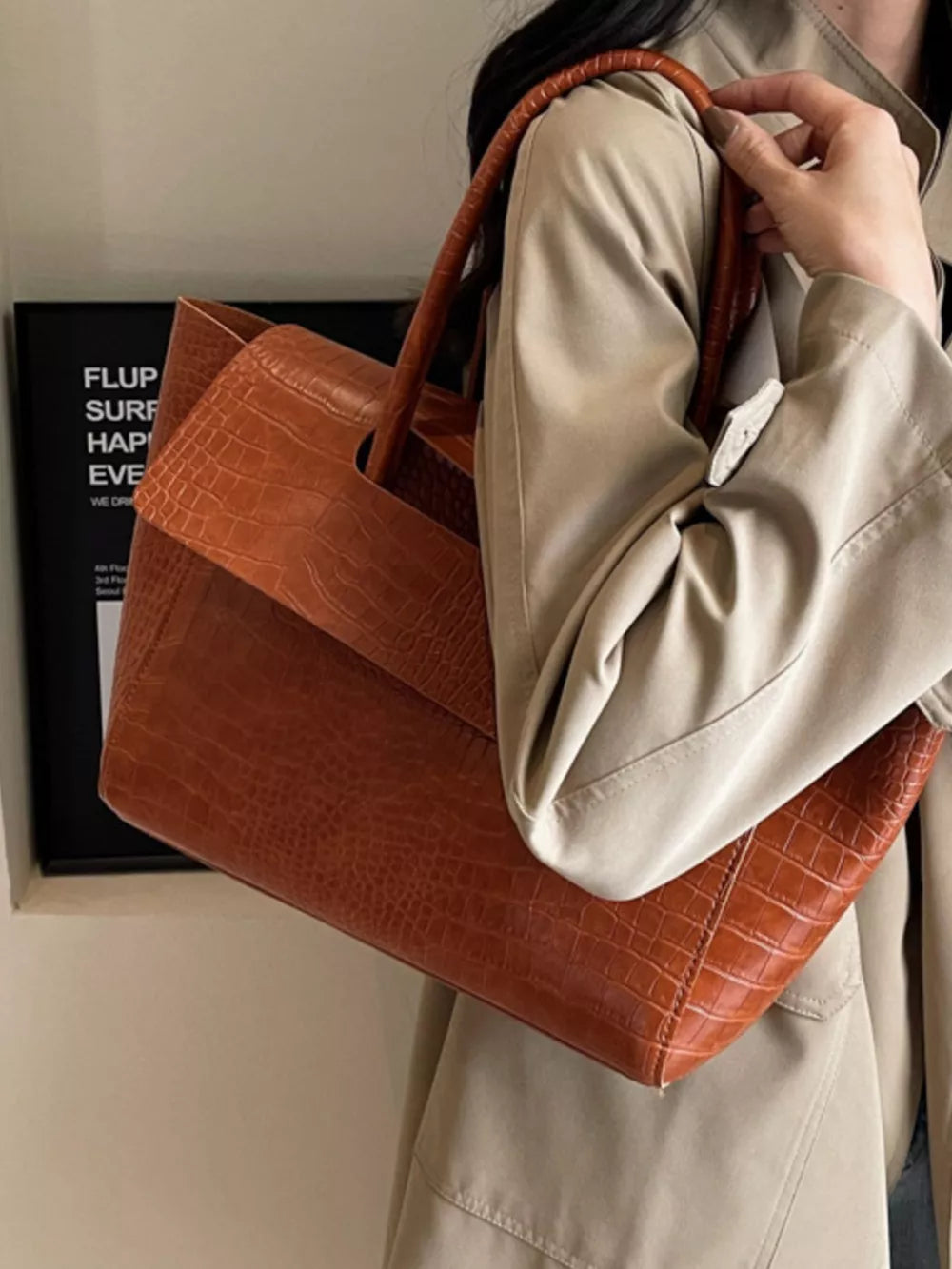 Crocodile-embossed Shoulder Bag in Brown, back view