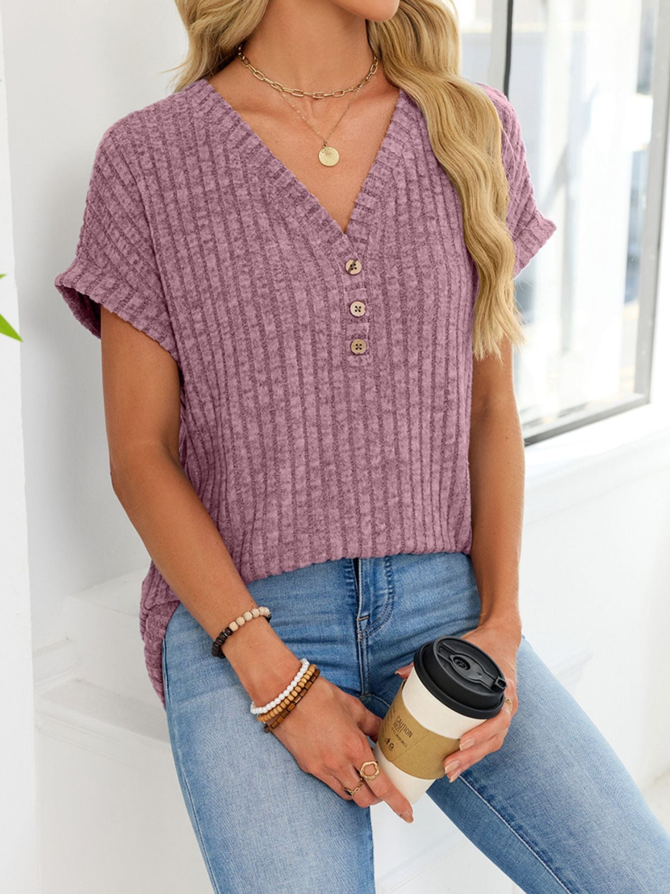Ribbed knit v-neck t-shirt with buttons in burgundy, short sleeves, casual women's top.