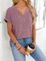 Ribbed knit v-neck t-shirt with buttons in burgundy, short sleeves, casual women's top.