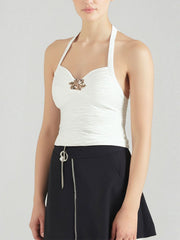 White ruched halter neck cami with floral embellishment