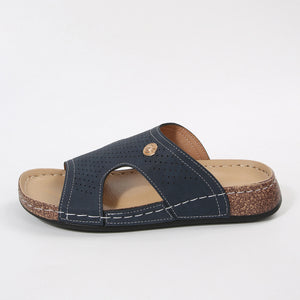 Blue perforated PU leather wedge sandals with white stitching and a gold accent.