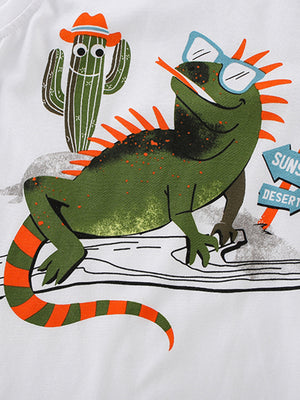 White toddler tank with green lizard, cactus, and desert sign graphic.