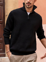 Black ribbed quarter-zip pullover sweater with a stand-up collar and zip detail.