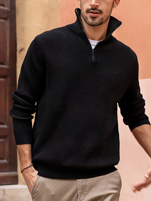 Black ribbed quarter-zip pullover sweater with a stand-up collar and zip detail.