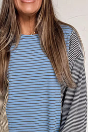 Color Block Striped Sweatshirt in Dusty Blue, close-up detail