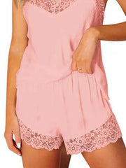Pink lace trimmed cami and shorts pajama set with V-neck lace detail