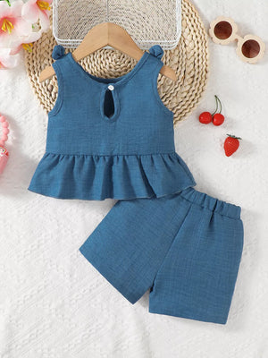 Blue peplum tank top with keyhole detail and matching shorts, baby outfit.