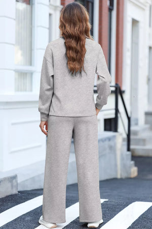 Solid Color V Neck Top And High Waist Pants Set, back view