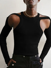 Black ribbed knit sweater with shoulder cutouts and long sleeves