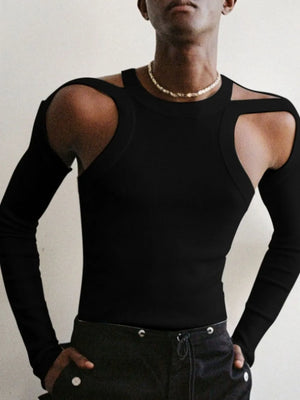 Black ribbed knit sweater with shoulder cutouts and long sleeves