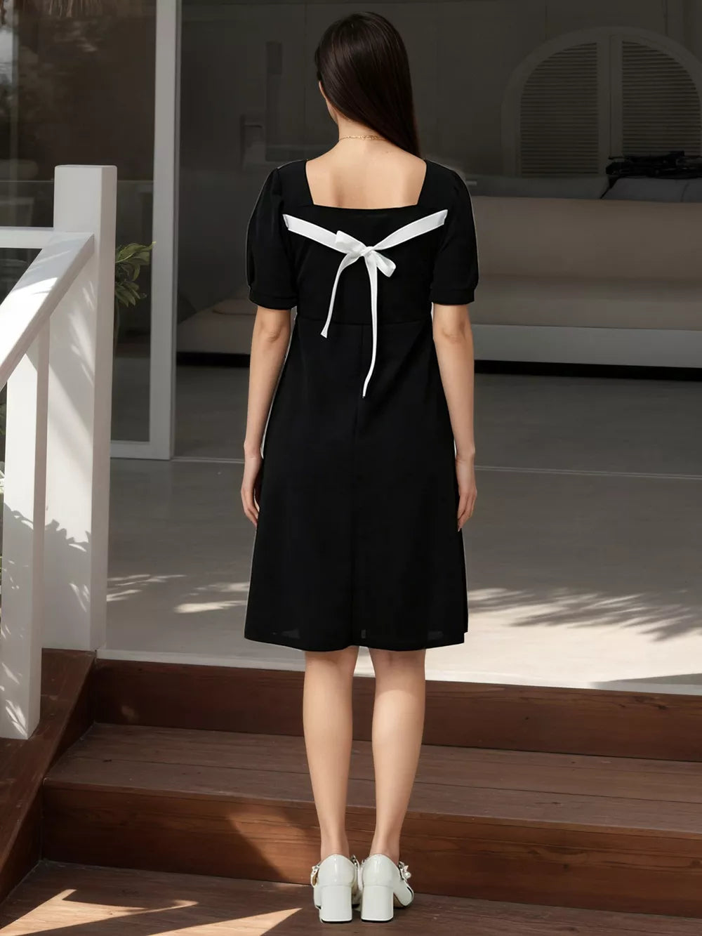 Puff Sleeve Bow Back Mini Dress, model styling view