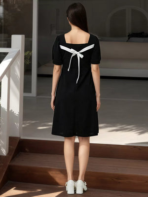 Puff Sleeve Bow Back Mini Dress, model styling view