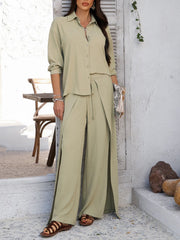 Sage split-front palazzo pants and button-down shirt set with adjustable waist.