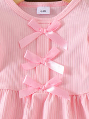 Children's Ribbed Bow Top And Shorts Set in Pink, close-up detail