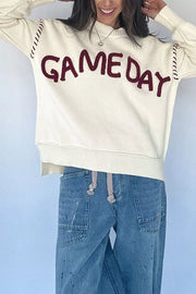 Drop Shoulder Game Day Letter Sweater in White, back view
