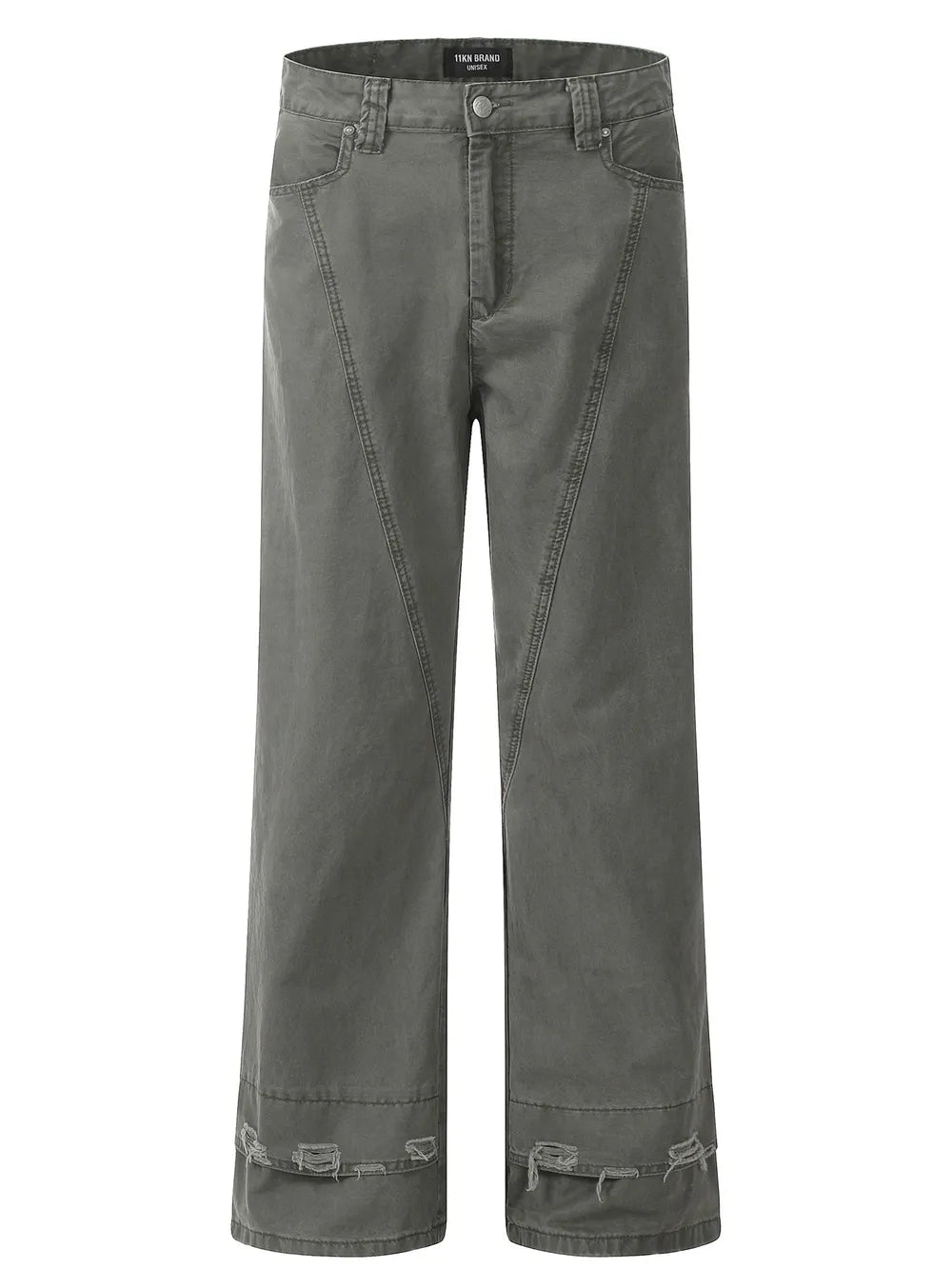 Men's grey wide-leg denim trousers with distressed hem detail
