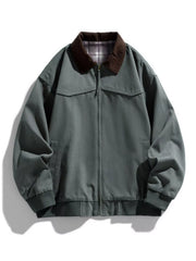 Oversized zip-up jacket in Gray Green with a brown collar and plaid lining.