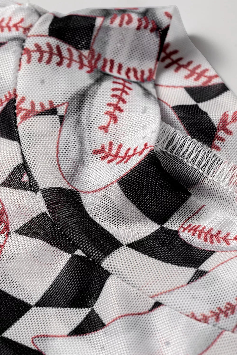 Checkered Baseball Bow Print Mesh Top in Black, back view