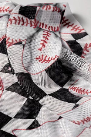 Checkered Baseball Bow Print Mesh Top in Black, back view