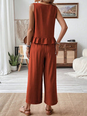 Rust orange ruffled hem tank top and flowing wide-leg pants set