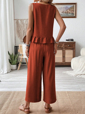 Rust orange ruffled hem tank top and flowing wide-leg pants set
