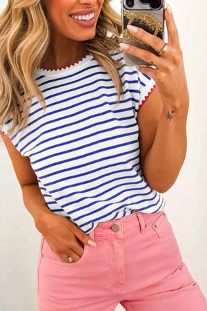 Chic blue and white striped cotton t-shirt with red zig-zag trim neckline and sleeves.