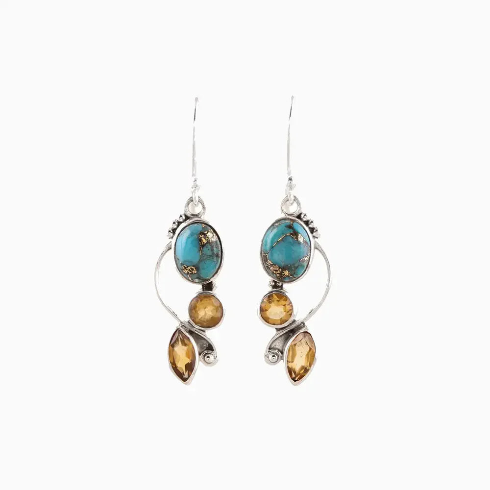 Turquoise and citrine sculptural dangle earrings in silver with unique artistic design.