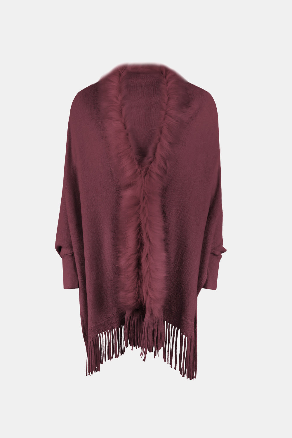 Wine faux fur trimmed fringe cape with V-neck detail
