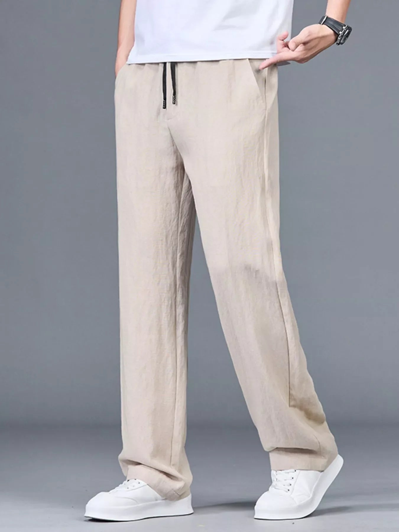 Plus-size flax coffee casual lightweight trousers with drawstring waist
