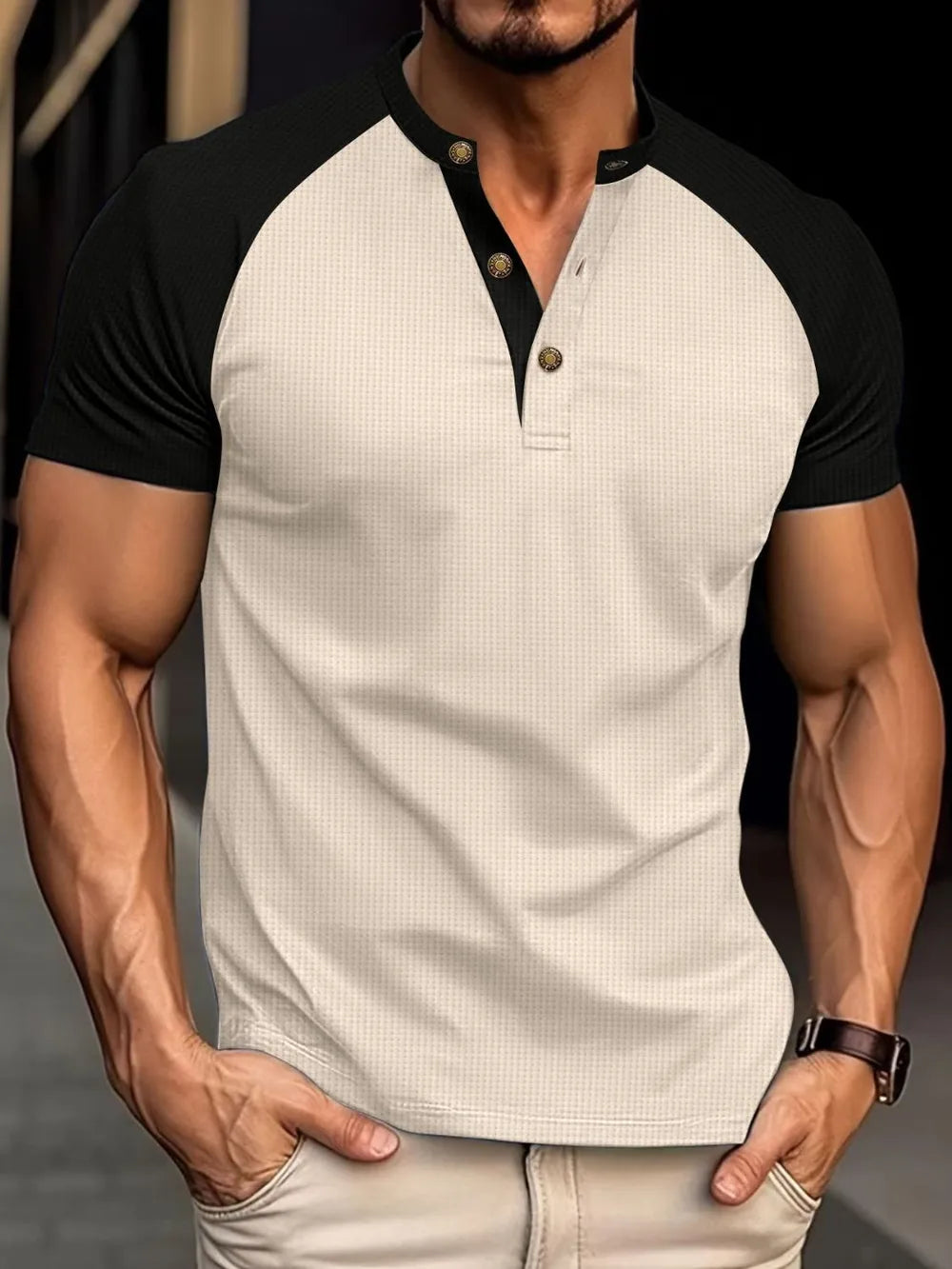 Contrast raglan henley polo shirt in beige with black sleeves and button neck