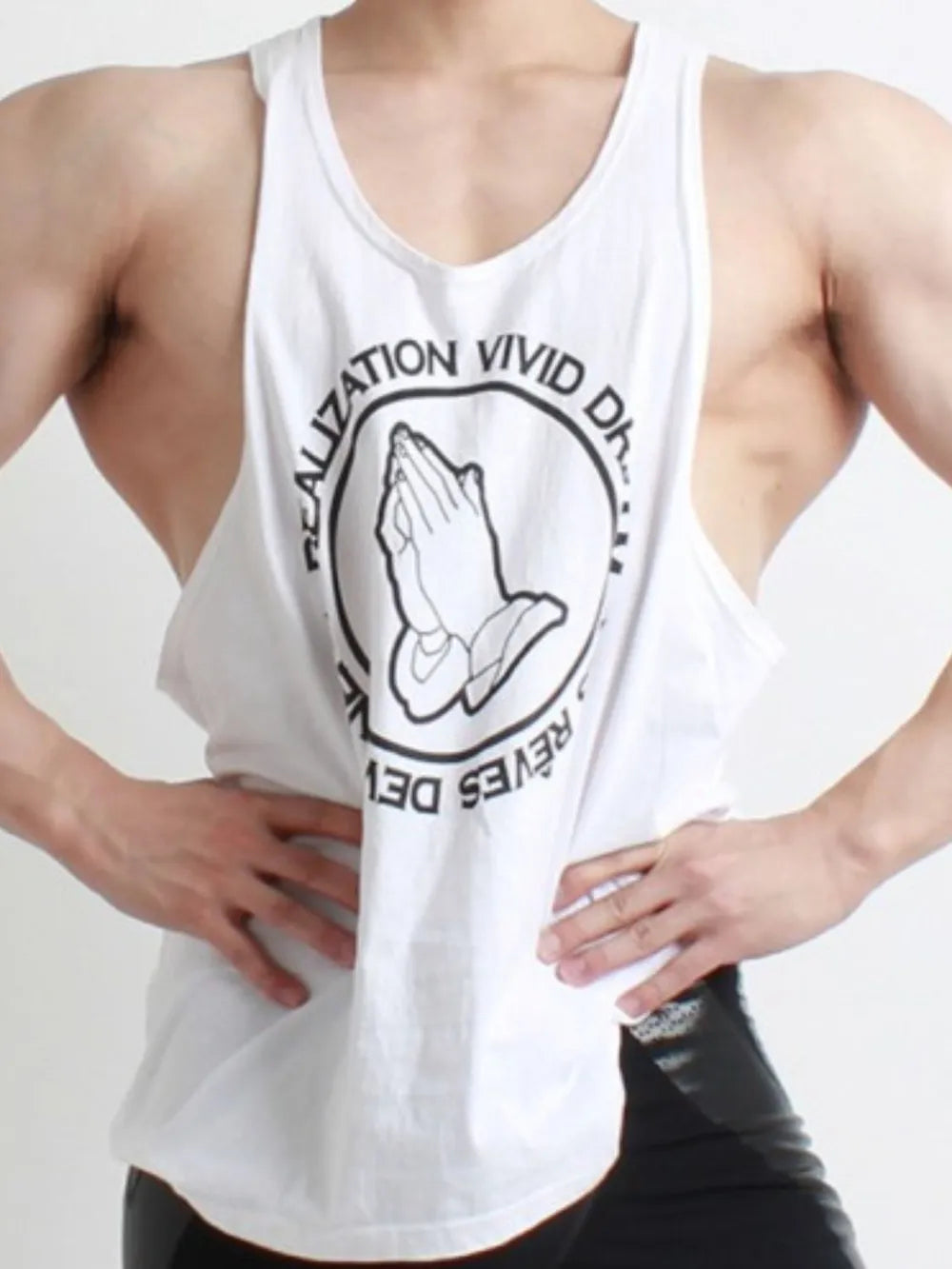 White tank top with praying hands graphic and text.