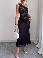 One-shoulder Lace Trimmed Midi Dress in Black, front view