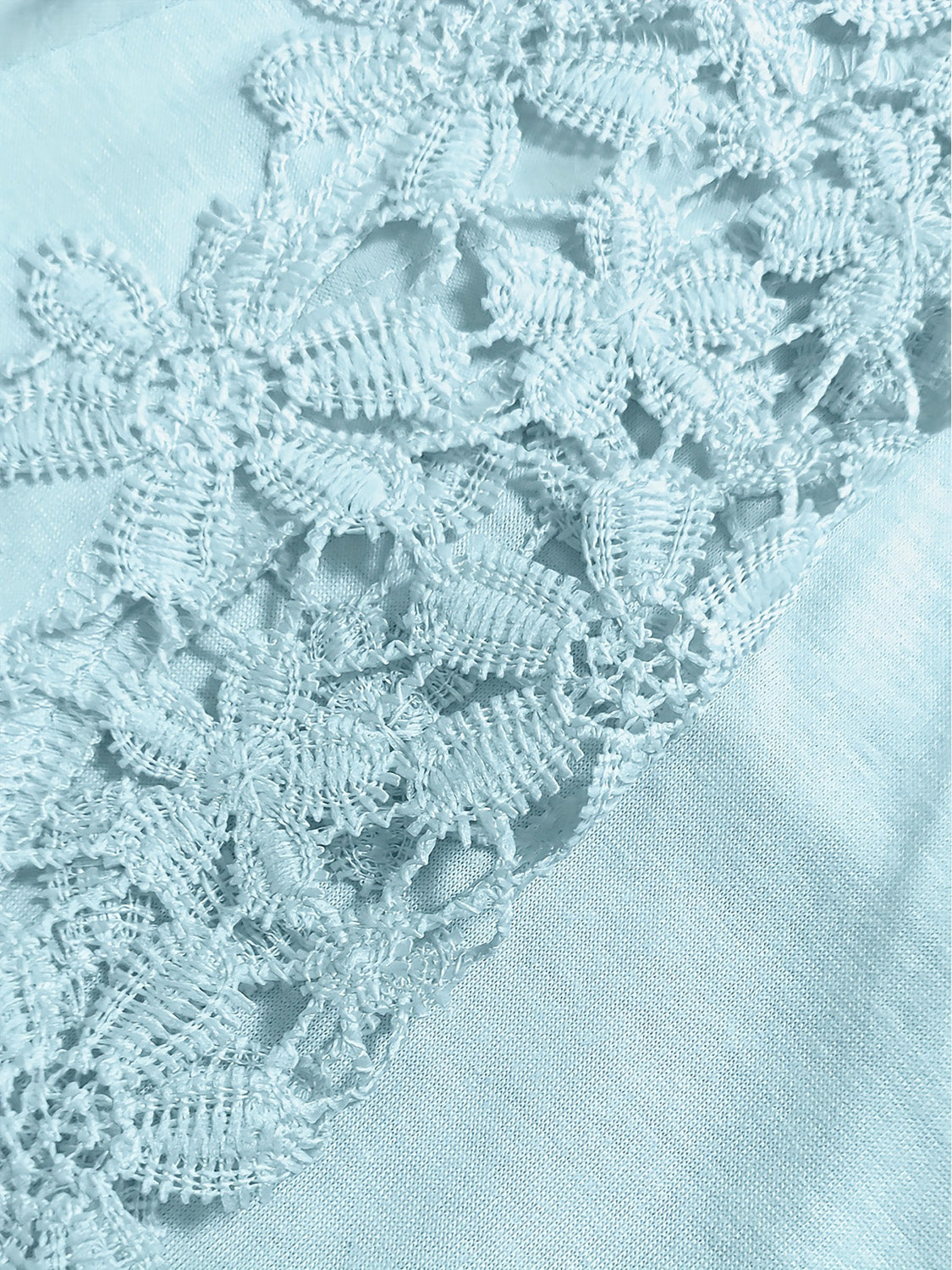 Pastel blue blouse with intricate lace yoke and sleeve detail