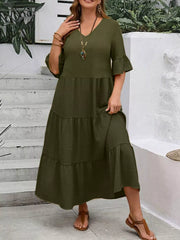 Army green crinkled midi dress with tiered skirt and ruffle sleeves
