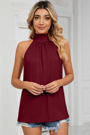 Burgundy high neck halter tank top with gathered neckline and bow detail