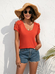 Red Orange Lace Shoulder Detail Tee with scoop neck and short sleeves.