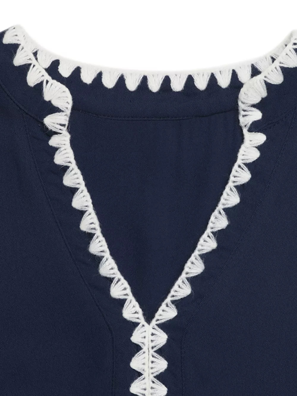 Navy midi dress with V-neck and white crochet trim detail