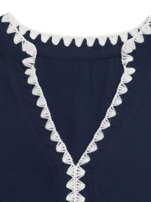 Navy midi dress with V-neck and white crochet trim detail