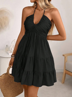 Black ruched halter tiered mini dress with ruffles