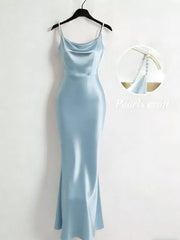 Light blue satin cowl neck maxi dress with pearl straps.