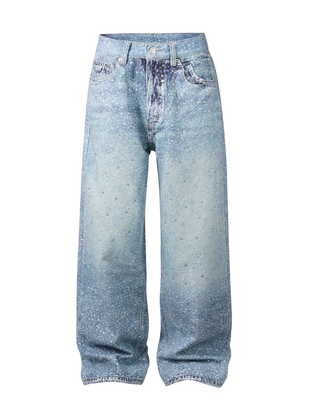 Embellished wide-leg denim trousers in medium wash with allover sparkle details and a faded effect.