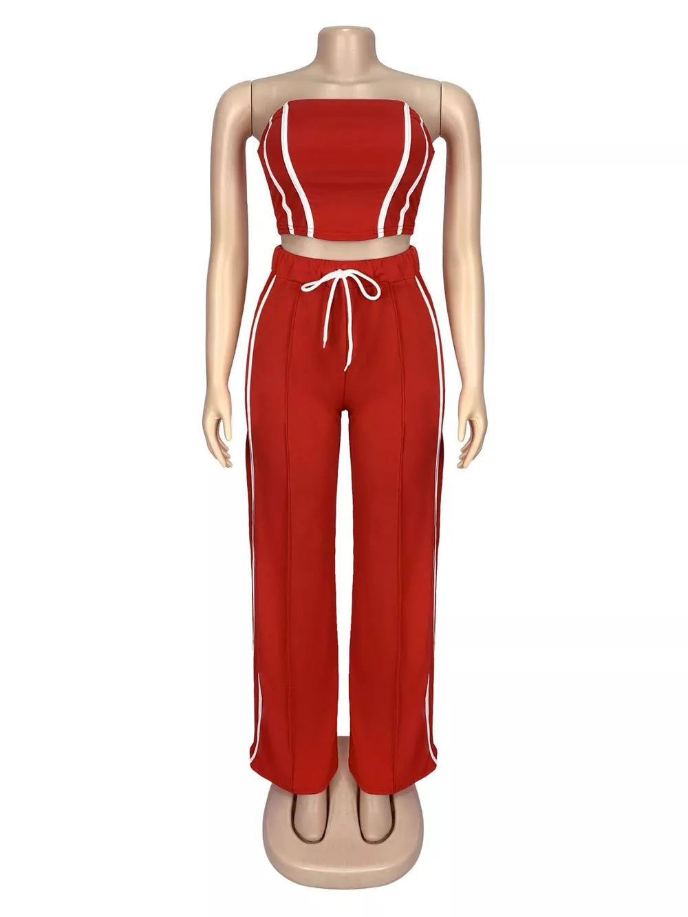 Scarlet tube top and wide-leg pant set with white piping and drawstring waist