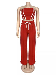 Scarlet tube top and wide-leg pant set with white piping and drawstring waist
