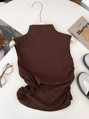 Brown ruched mock neck tank top with draped sides
