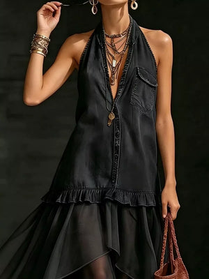Black ruffled halter maxi gown with button-down front and sheer skirt.