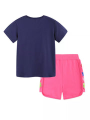 Toddler t-shirt and shorts set with apple appliqué and floral trim.