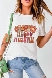 White t-shirt with retro floral graphic and "Hello Autumn" text, short sleeves, crew neck